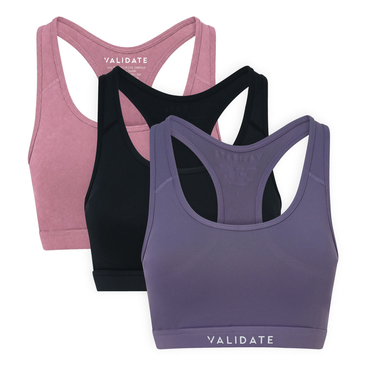 Validate 247 Essential Sports Bra 3 Pack - Purple, Pink + Black