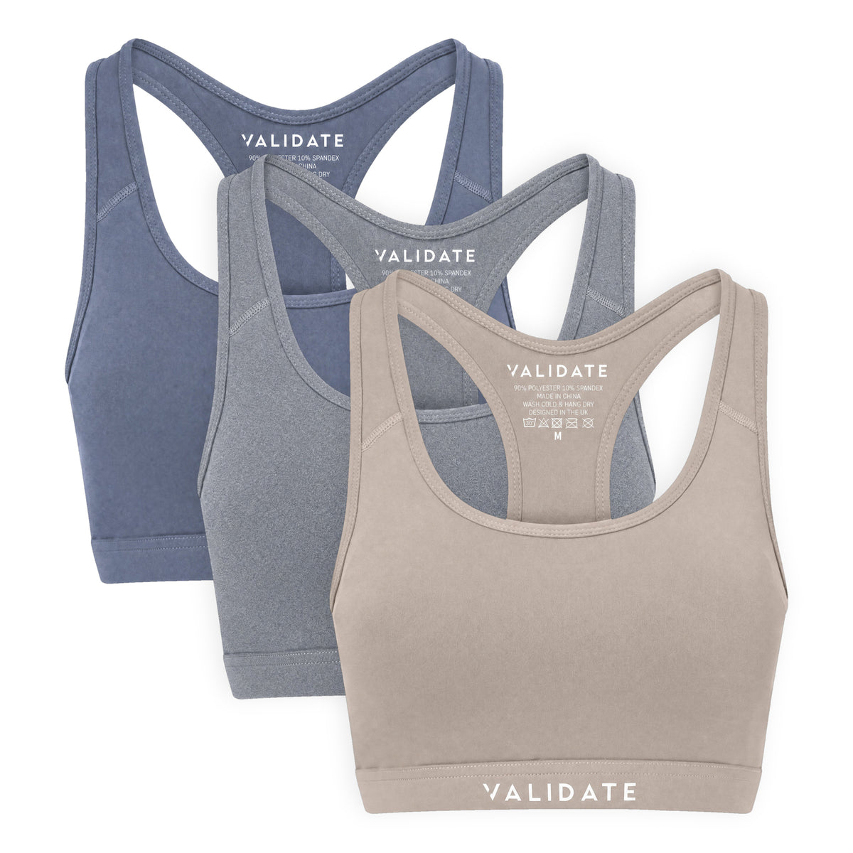 Validate 247 Essential Sports Bra 3 Pack - Stone, Grey + Blue